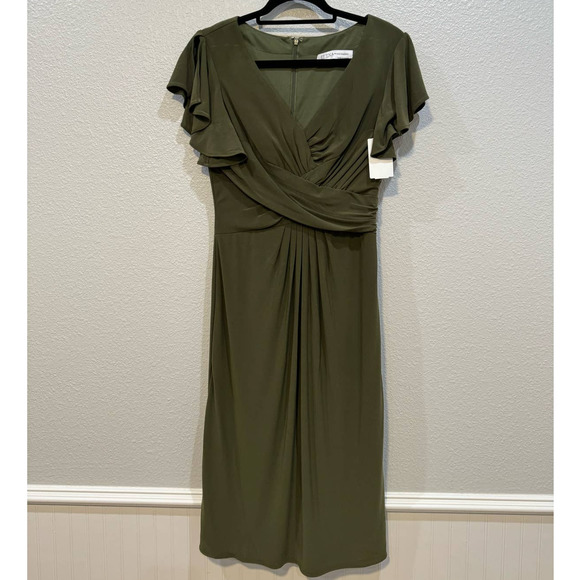 IEENA for MAC DUGGAL $378 Flounce Sleeve Midi Dress Olive Size 4 - Picture 5 of 12